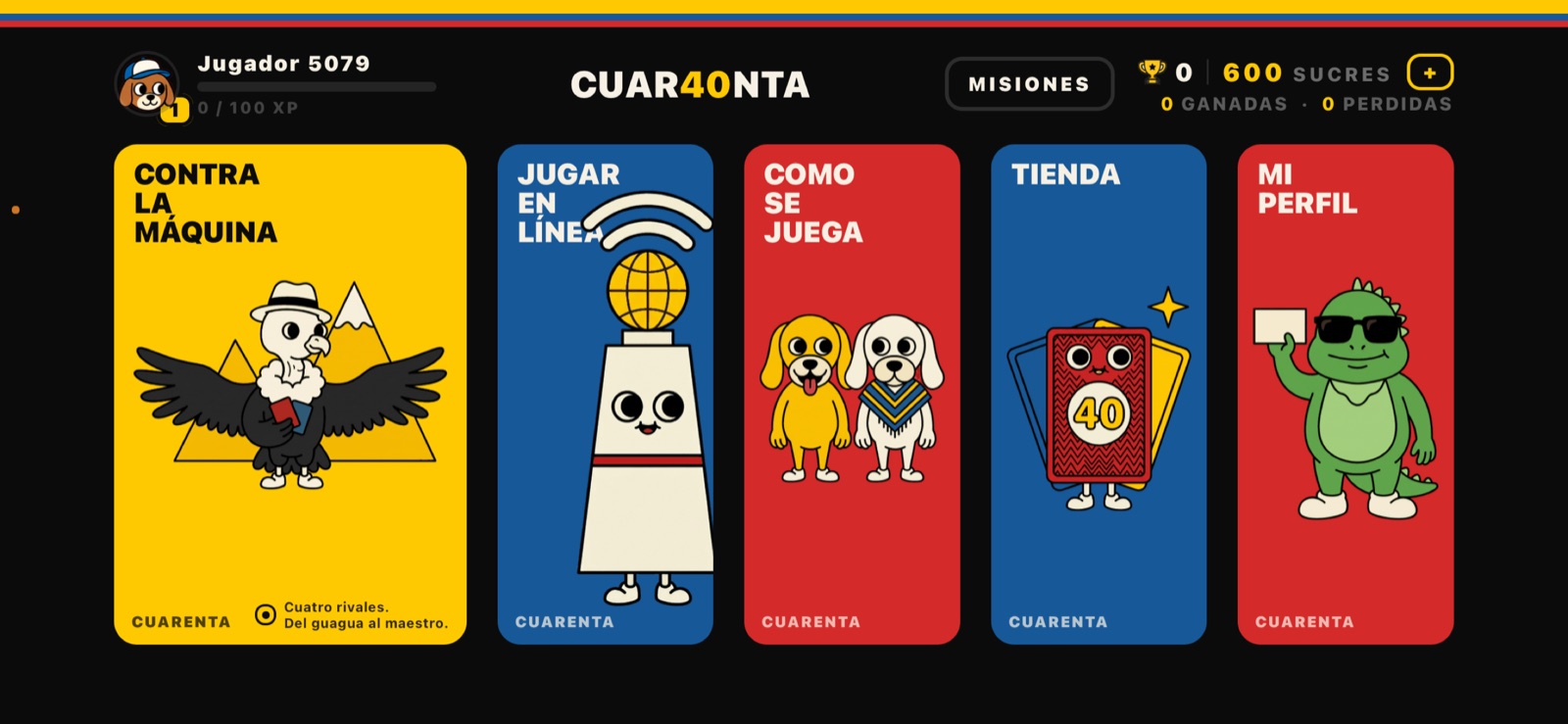 La pantalla de inicio de Cuarentazo con las cinco fichas: contra la máquina, en línea, cómo se juega, tienda y mi perfil.